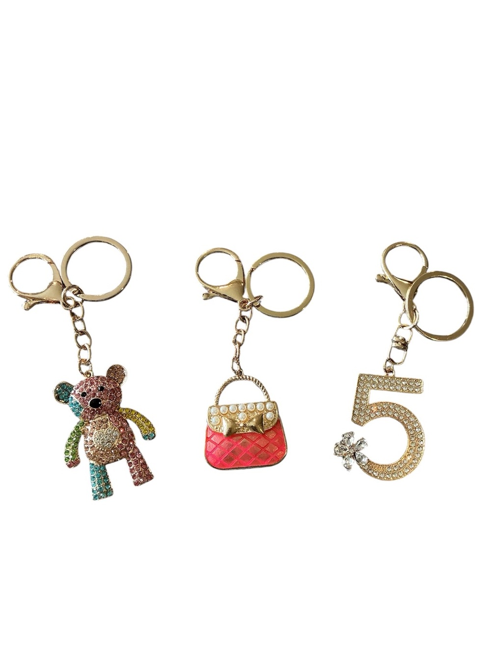 Rhinestone Keychain Bundle of 3 - Multicolor Bear, Pink Bag & Gold Number 5 NWOT